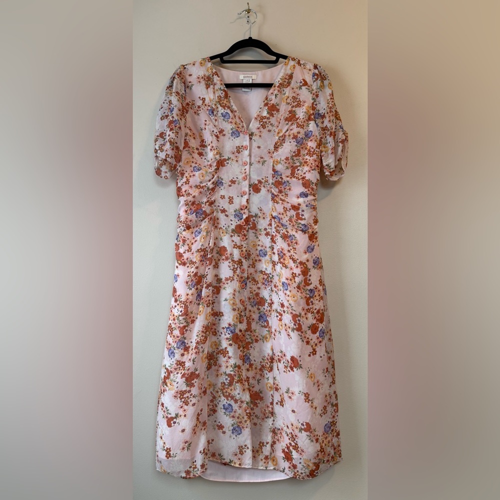 Sundance Sonora Bloom Peach Floral Midi Dress 100% Silk Ruched Women's Size 8